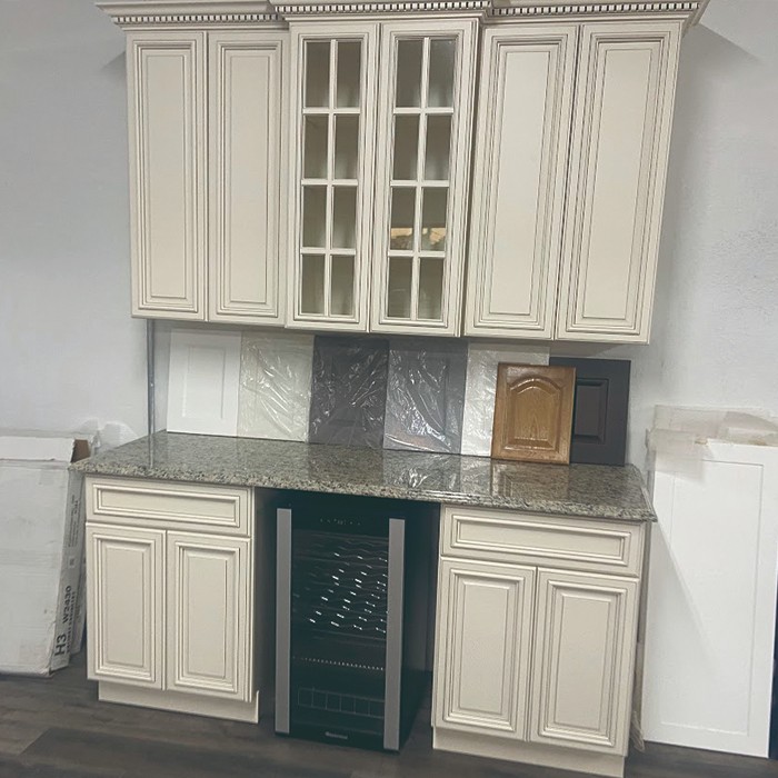 white vintage style cabinet and countertop
